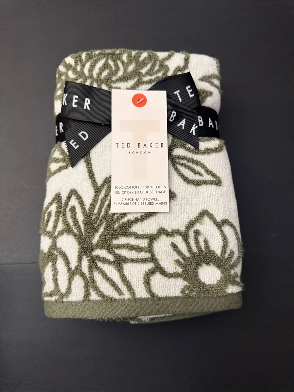 8pc TED BAKER London 100% Cotton Bath Towel Set - Quick Dry - Olive Green/White